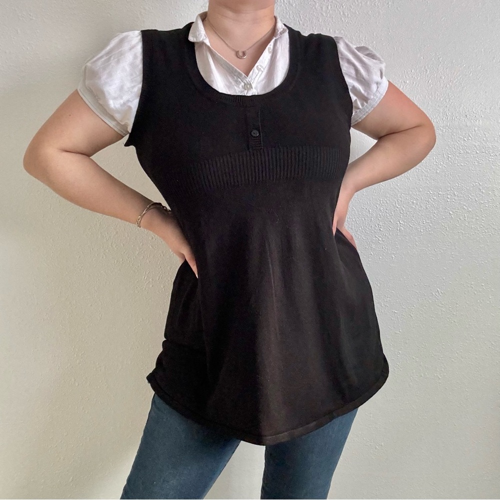 DEBBIE MORGAN Vintage Black White Knit Short Puff Sleeve Milkmaid Academia Top